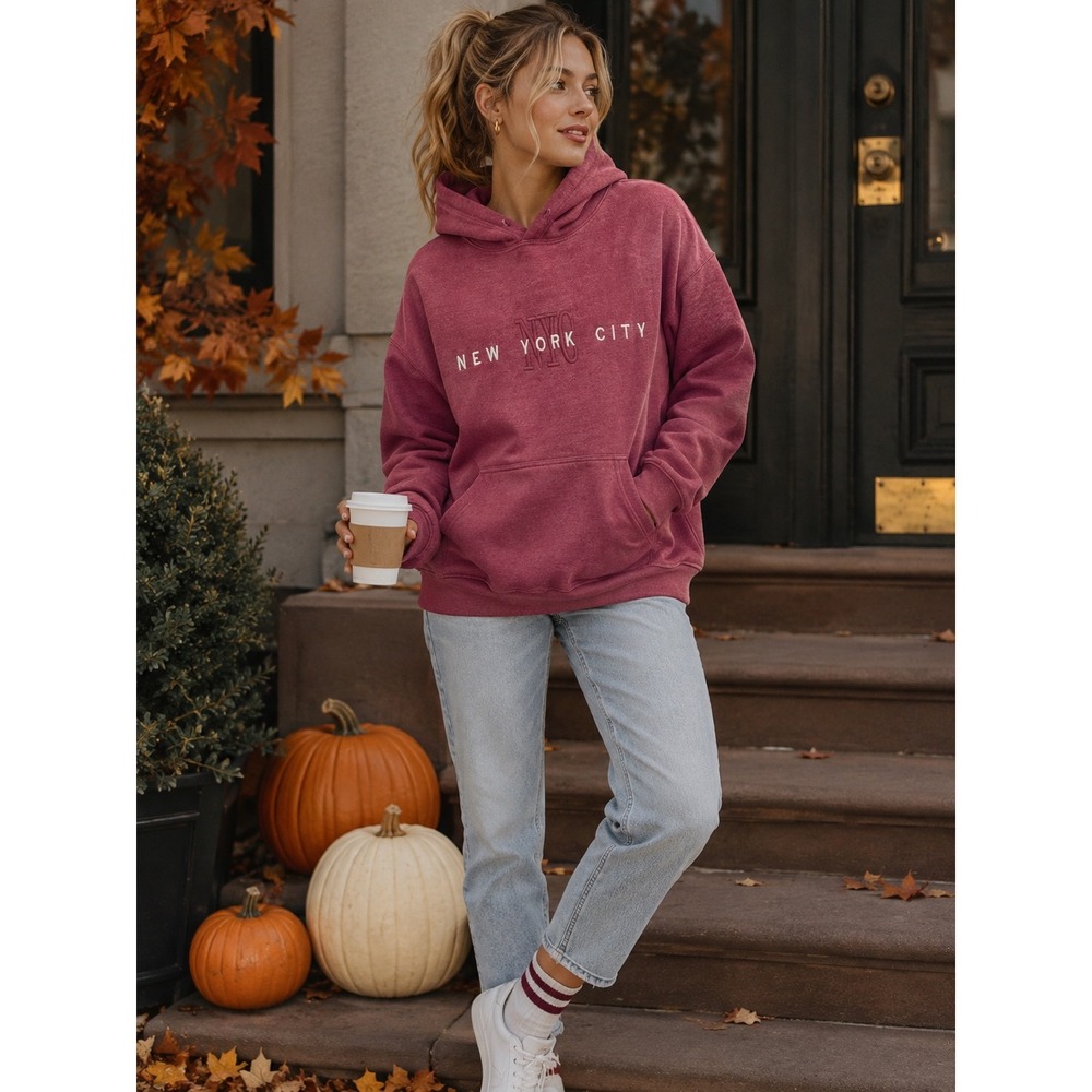 Wali USA New York City Hoodie Burgundy Red Berry Heathered Graphic Sweatshirt Lg
